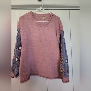 POL Dusty Pink Knit Sweater with Lavender Crochet Floral Sleeves
